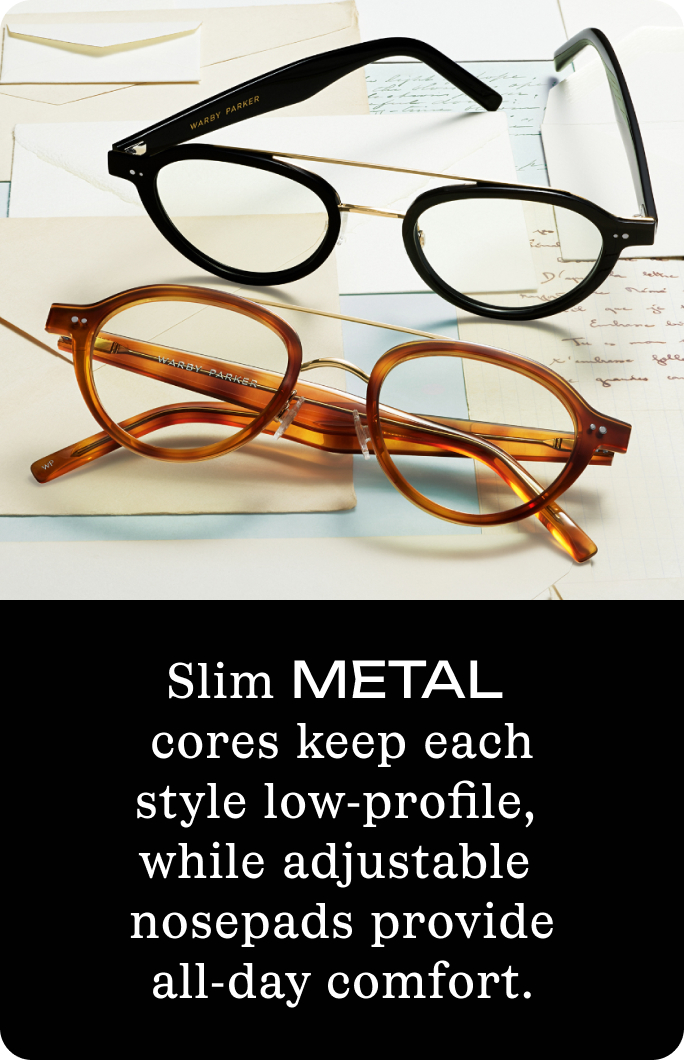 Two pairs of eyeglasses, one black and one tortoise-shell, are shown.