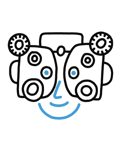 A minimalist, dark, animated image of a robot with blue eyes and a smiling mouth, as if in a video game.