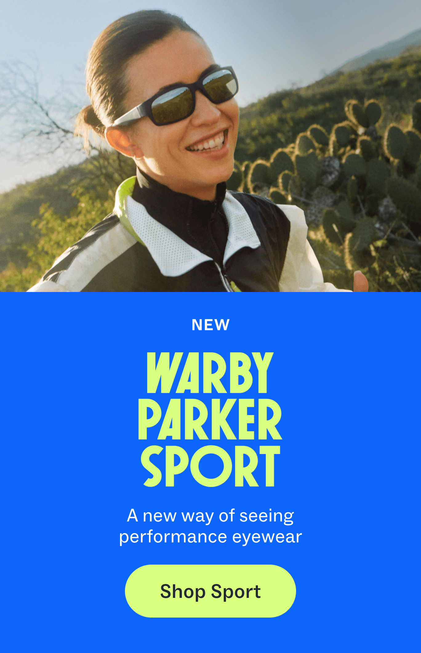 A woman wearing black sunglasses smiles in an outdoor setting next to the text "New Warby Parker Sport".