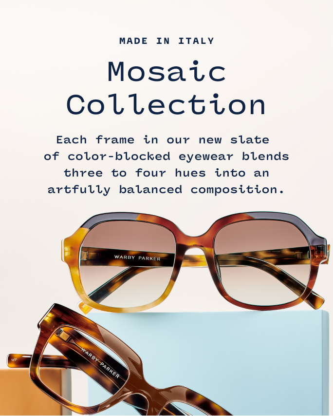 A pair of Warby Parker glasses with text about an ultra-realistic Virtual Try-On tool.