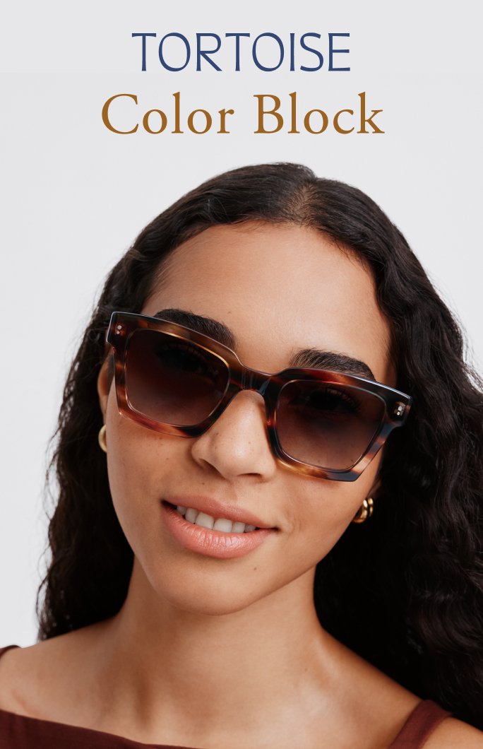 Model wearing tortoise color block sunglasses with a gradient lens.