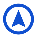 Pixelated blue circle with a blue triangle pointing upwards inside.
