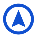 Pixelated blue circle with a blue triangle pointing upwards inside.
