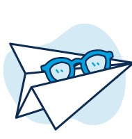 Blue eyeglasses resting on a white paper airplane with a light blue background.