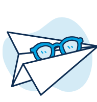 Blue eyeglasses resting on a white paper airplane with a light blue background.