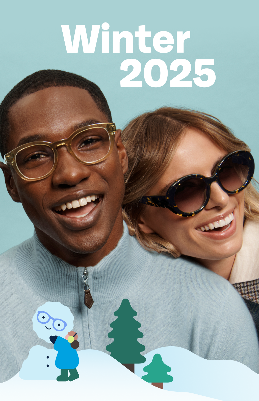 Man in a baby blue sweater wearing glasses with blonde woman wearing sunglasses