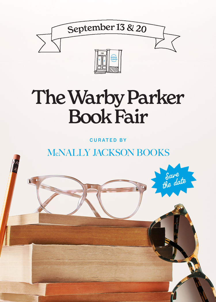 Books with glasses and pencil; Warby Parker Book Fair Sept 13 & 20, curated by McNally Jackson.