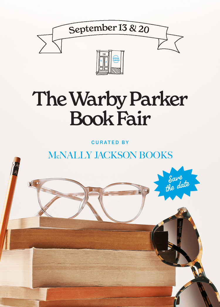 Books with glasses and pencil; Warby Parker Book Fair Sept 13 & 20, curated by McNally Jackson.