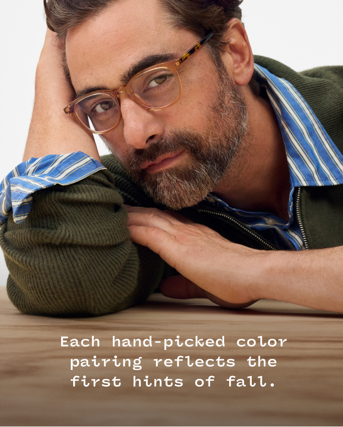 Text on mustard background: "Each hand-picked color pairing reflects the first hints of fall." Man resting head nearby.
