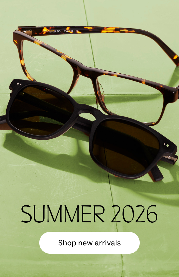 Summer 2026 collection featuring tortoise-shell glasses and black sunglasses. Shop new arrivals.