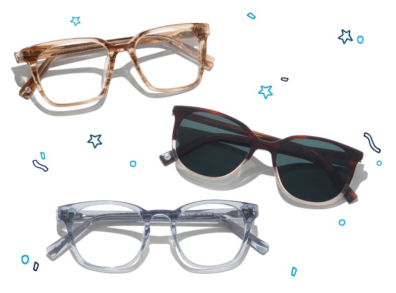 Two Warby Parker eyeglasses and one sunglass
