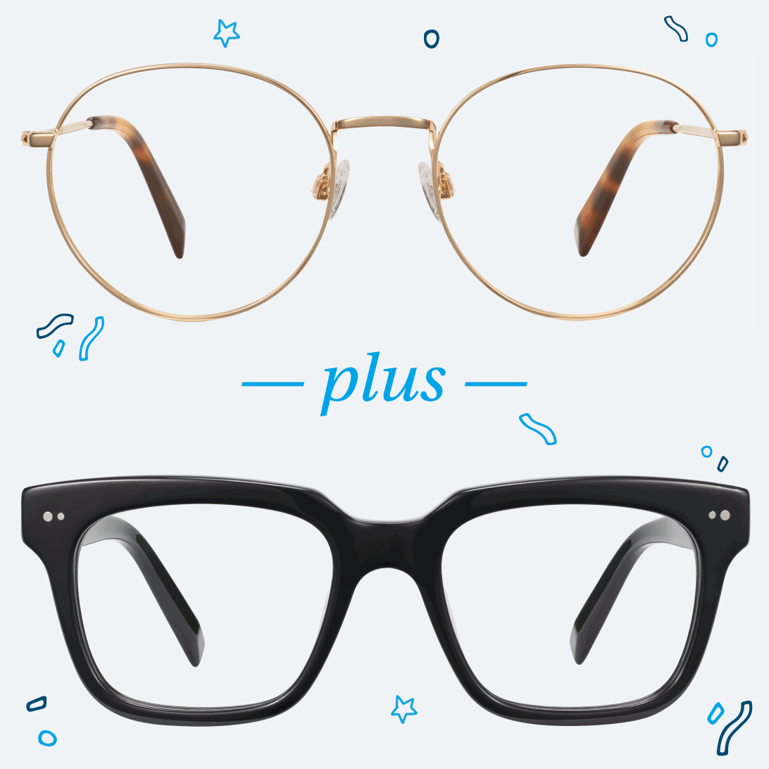 Two pairs of eyeglasses and sunglasses: the top pair with thin gold wire frames and round lenses, and the bottom pair with thick black square frames, displayed with the word "plus" in blue decorative text between them.