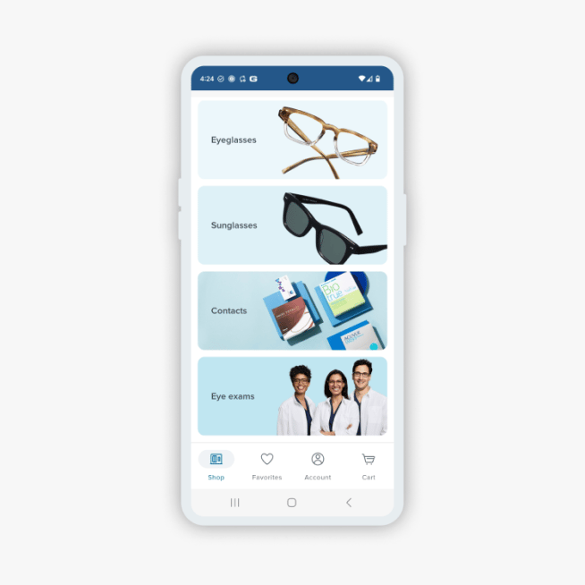 A smartphone displaying an app interface with categories for Eyeglasses, Sunglasses, Contacts, and Eye exams, each with corresponding images.