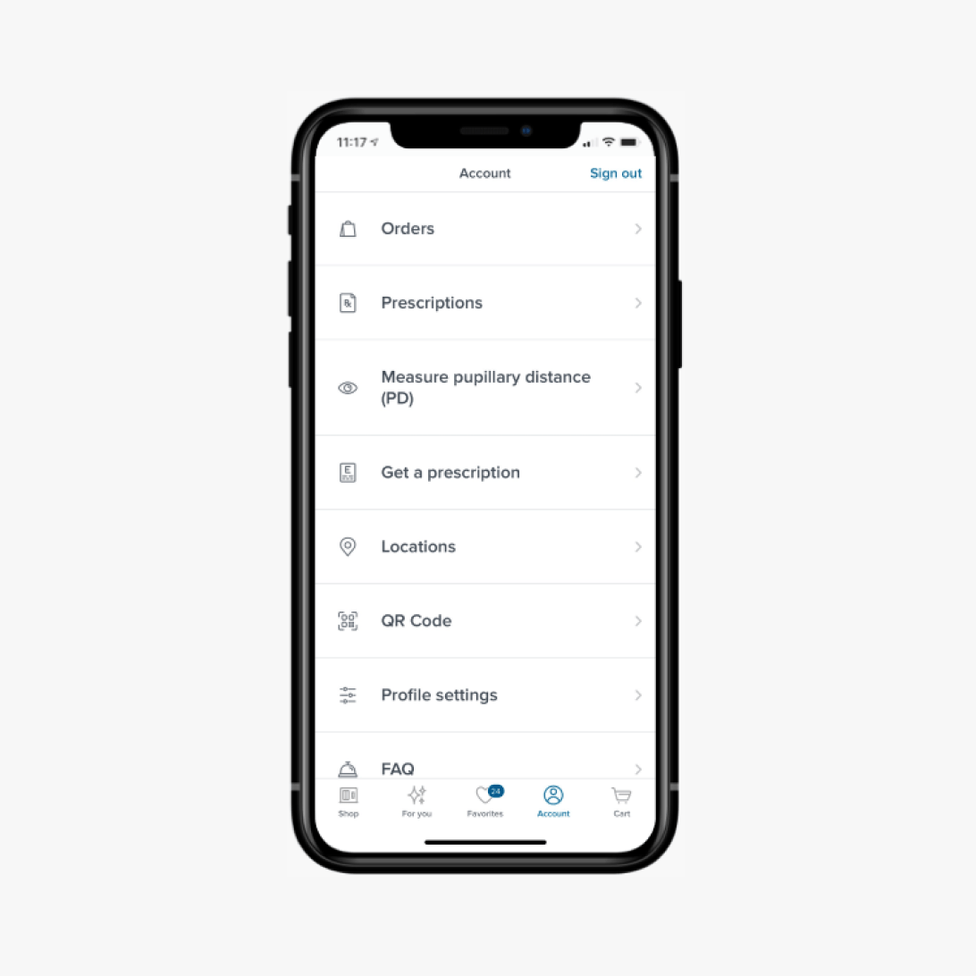 A smartphone displaying an account settings menu with options for Orders, Prescriptions, Measure Pupillary Distance (PD), Get a Prescription, Locations, QR Code, Profile Settings, and FAQ.