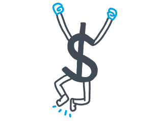 Money symbol with arms and legs, jumping in the air.