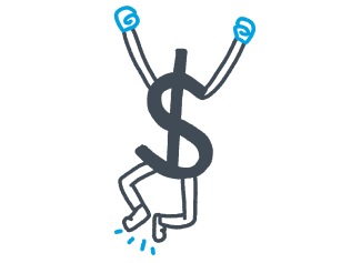 Money symbol with arms and legs, jumping in the air.