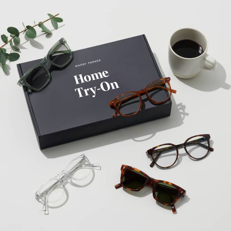 Box of five non-prescription frames to try on at home