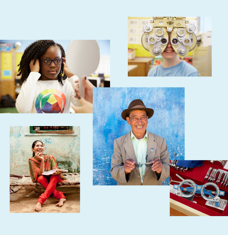 Collage of images: a girl trying on glasses, a child using an eye exam machine, a woman smiling with a notebook, a man holding glasses, and a close-up of optometry tools.