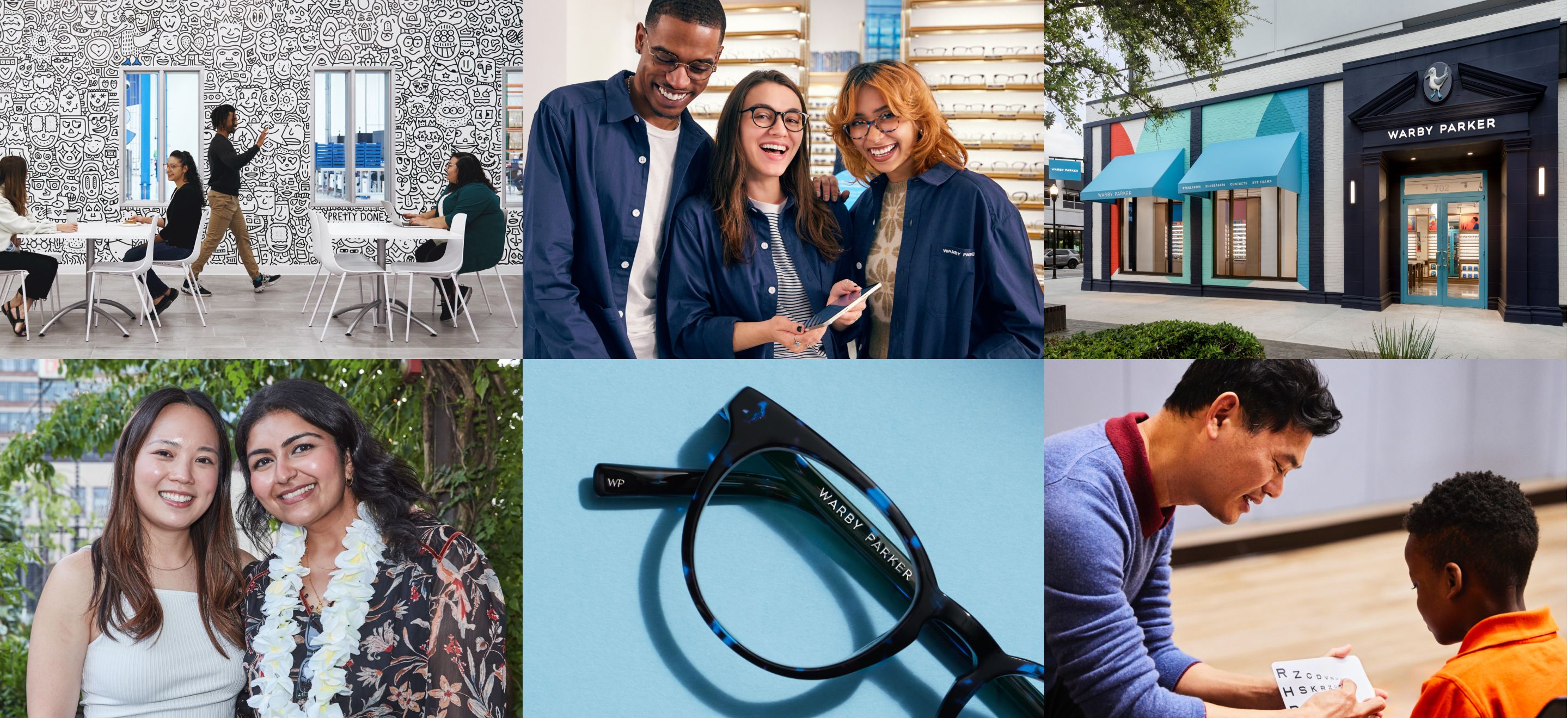 Collage of people wearing warby parker glasses, warby parker stores, warby parker people showing reading exam.