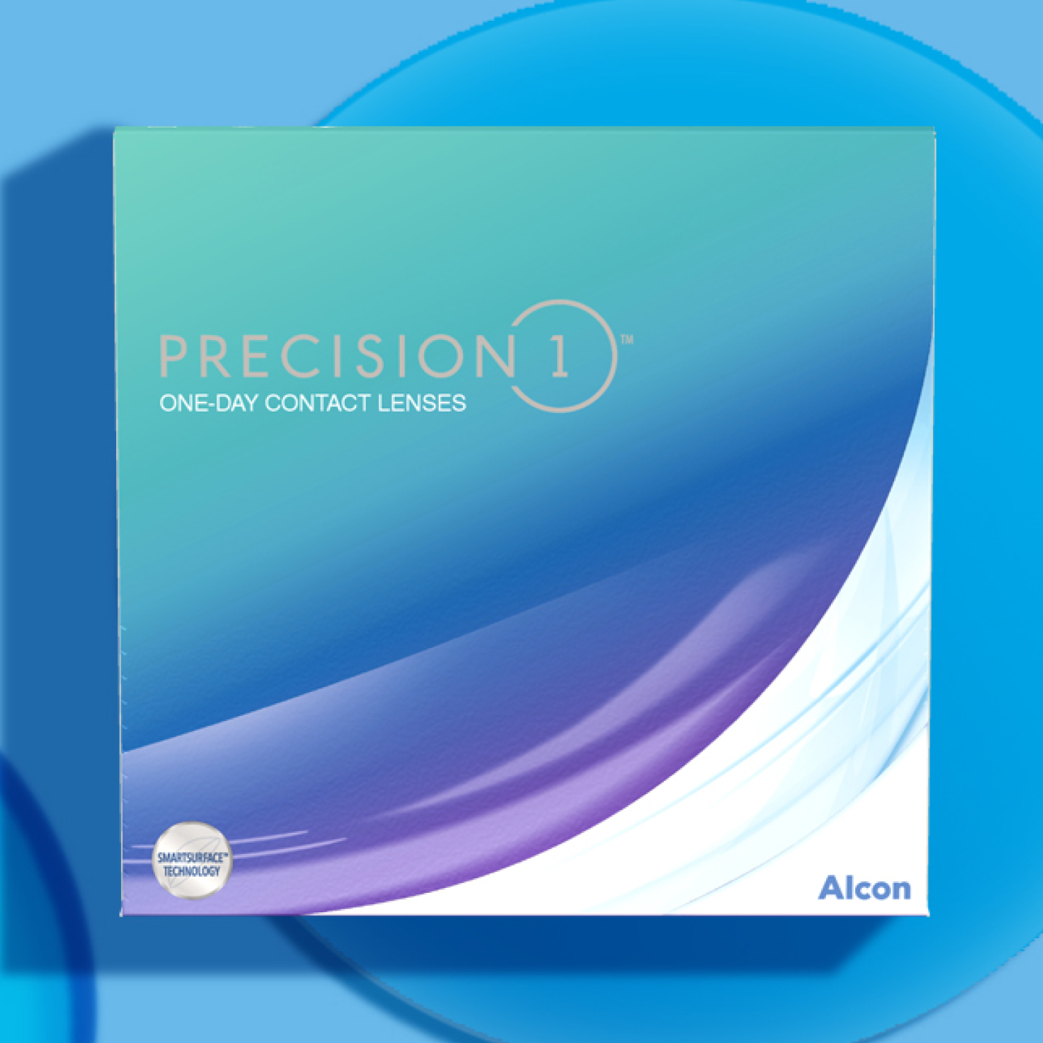 Box of PRECISION1 one-day contact lenses by Alcon, displayed on a blue background with circular accents.