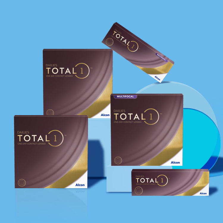 Five boxes of DAILIES TOTAL1 contact lenses, including options for multifocal lenses, displayed on a blue background with circular accents.