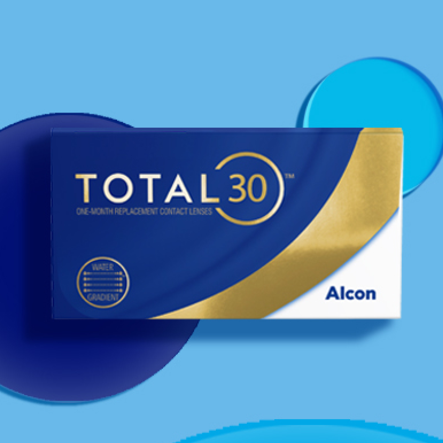 Box of TOTAL30 one-month replacement contact lenses by Alcon, displayed on a blue background with circular accents.
