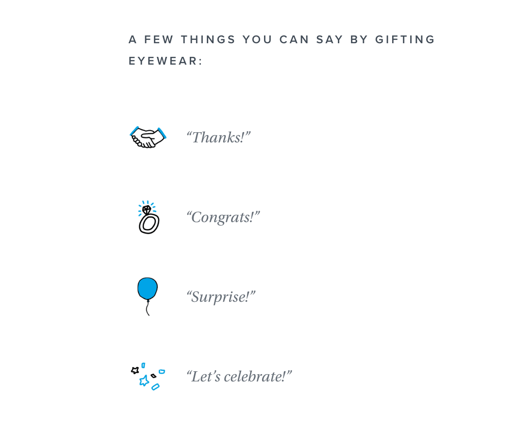 Text reading "A few things you can say by gifting eyewear:" followed by four icons and phrases: handshake with "Thanks!", ring with "Congrats!", balloon with "Surprise!", and confetti with "Let's celebrate!"