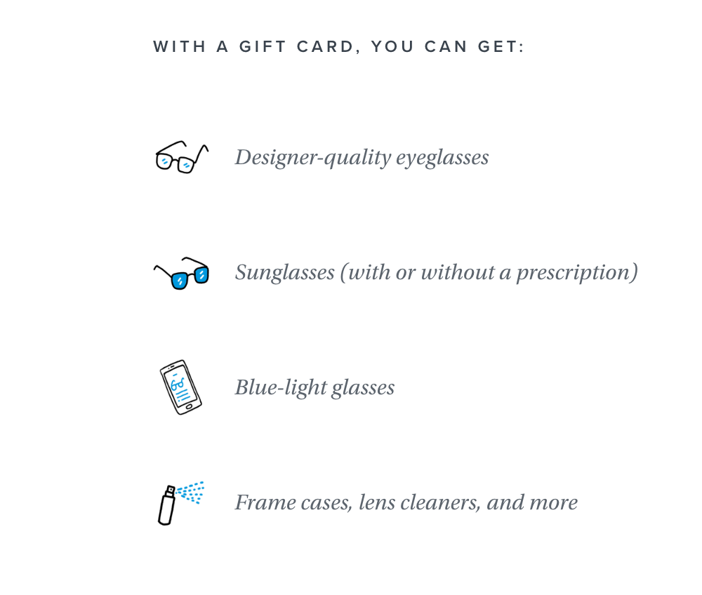 Text stating "With a gift card, you can get:" followed by four items with icons: Designer-quality eyeglasses, Sunglasses (with or without a prescription), Blue-light glasses, and Frame cases, lens cleaners, and more.