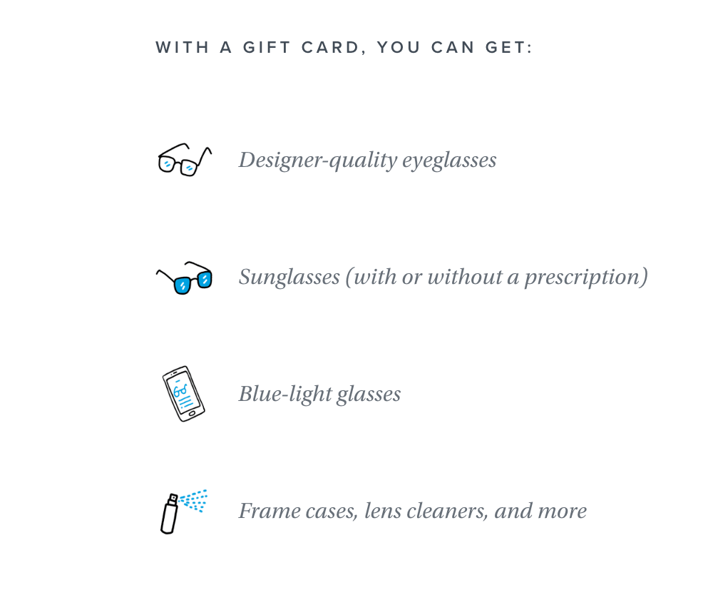 Text stating "With a gift card, you can get:" followed by four items with icons: Designer-quality eyeglasses, Sunglasses (with or without a prescription), Blue-light glasses, and Frame cases, lens cleaners, and more.