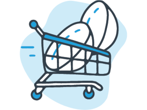 Illustration of a shopping cart filled with oversized contact lenses on a light blue background.