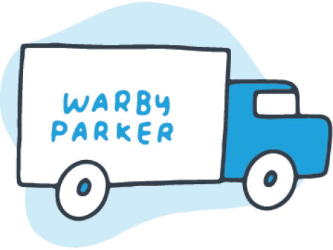 Illustration of a blue delivery truck with "Warby Parker" written on the side, against a light blue background.