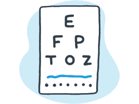 Illustration of an eye chart with letters "E, F, P, T, O, Z" and a highlighted line, on a blue background.