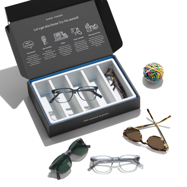 Home Try On box with eyeglasses and sunglasses in acetate