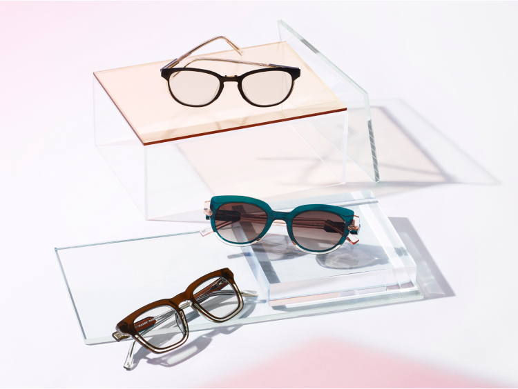 Various Frames resting on glasses.