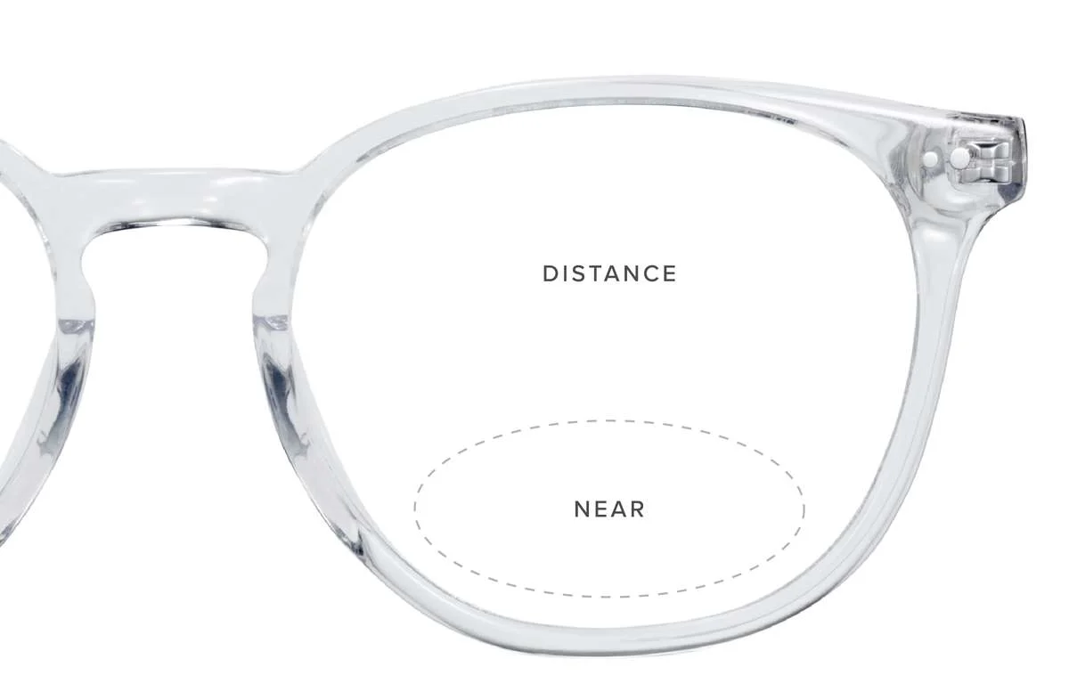 Diagram of an eyeglass lens with clear frames, labeled "Distance" in the upper section and "Near" in the lower section, indicating bifocal or multifocal areas.