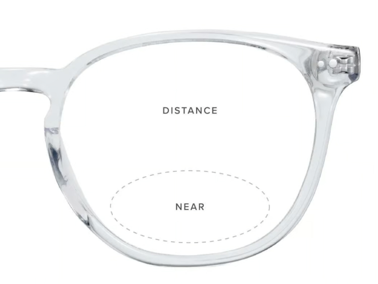 The half of a frame on a white background with distance and near markers indicators on the lenses.