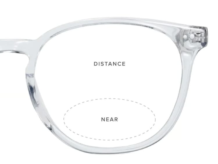 The half of a frame on a white background with distance and near markers indicators on the lenses.