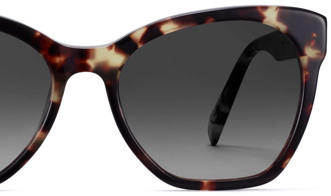 Half of the square acetate Rhea in Truffle Tortoise frames with Grey gradient sunglasses lenses with dark grey on the top and Ombrés to light grey on the bottom.