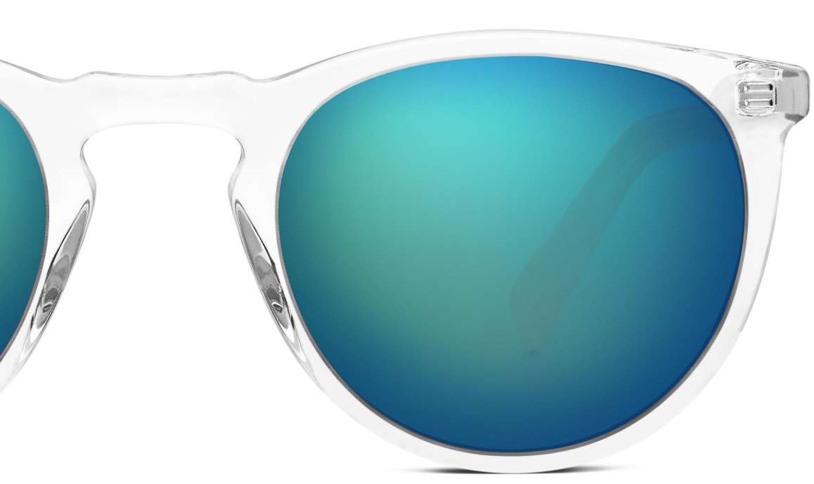 Half for the round acetate Haskell in Crystal clear frames with Blue flash mirrored sunglasses lens.