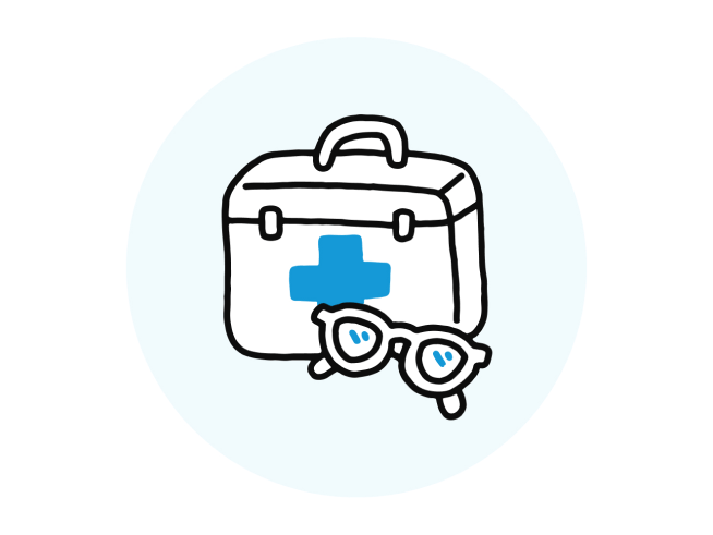 Illustration of a medical kit with a blue cross and a pair of eyeglasses, on a light blue circle background.