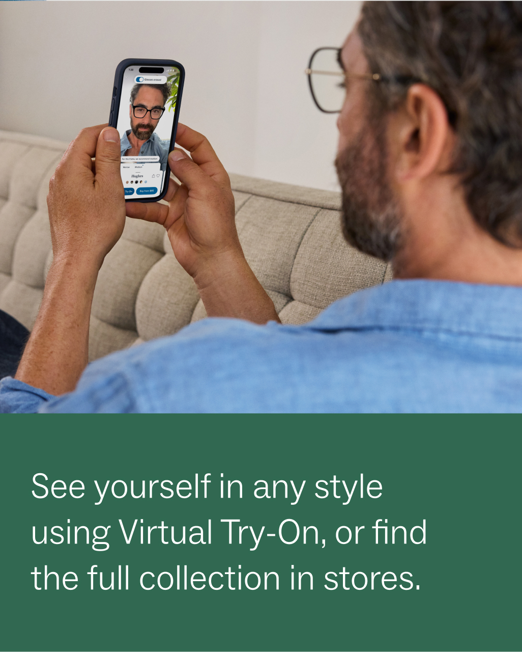 A person is using a laptop to try on glasses virtually. The laptop screen shows a smiling person wearing virtual glasses. On the left, white text on a green background reads: "See yourself in any style using Virtual Try-On, or find the full collection in stores."
