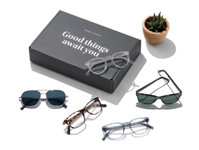 Home Try-On box showing eyeglasses and sunglasses in metal and acetate