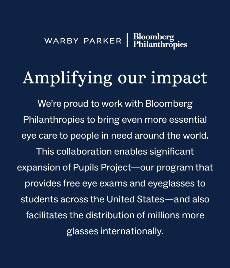 White text on dark blue background with logos of Warby Parker and Bloomberg Philanthropies and message about expanding eye care programs globally.