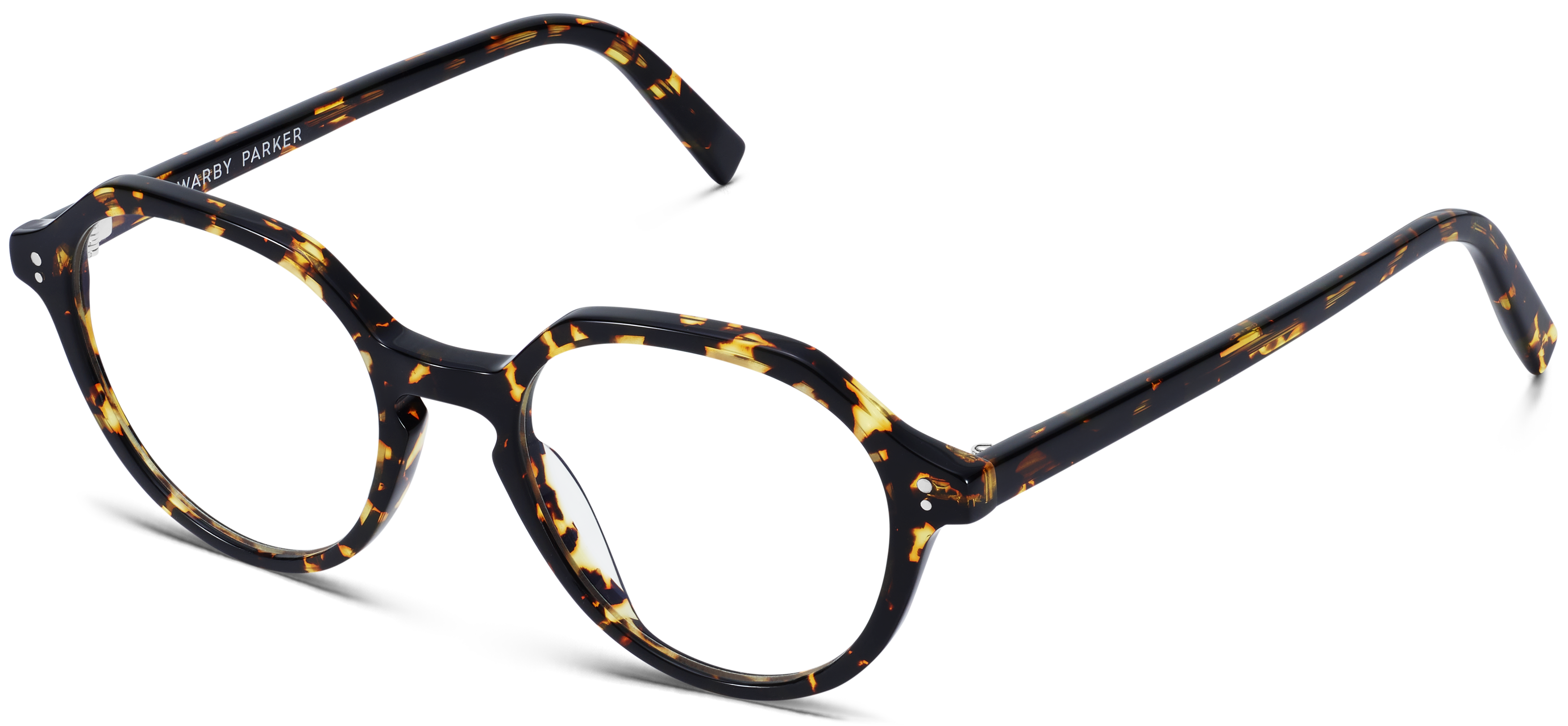 Tortoiseshell eyeglasses with clear lenses and dark brown arms against a white background.
