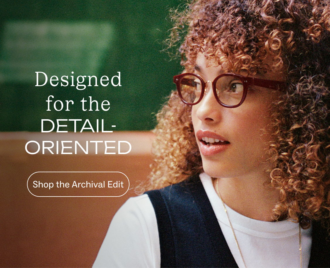 Close-up of a young woman with curly hair wearing glasses and a vest, with text overlay.