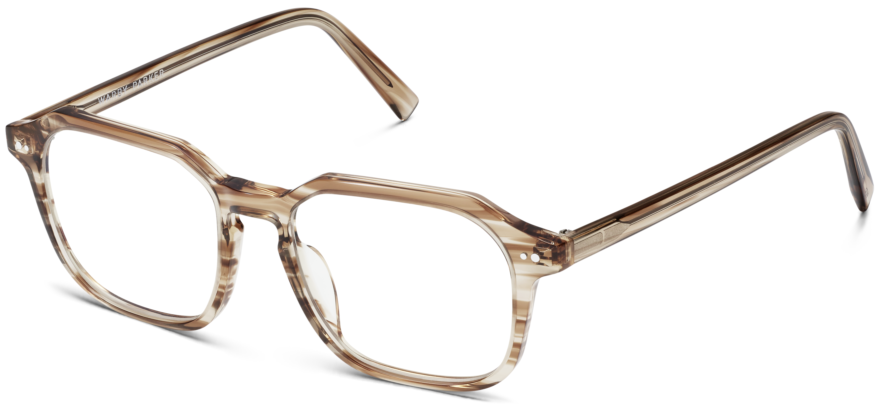 Brown patterned square eyeglasses with clear lenses and thin temples.