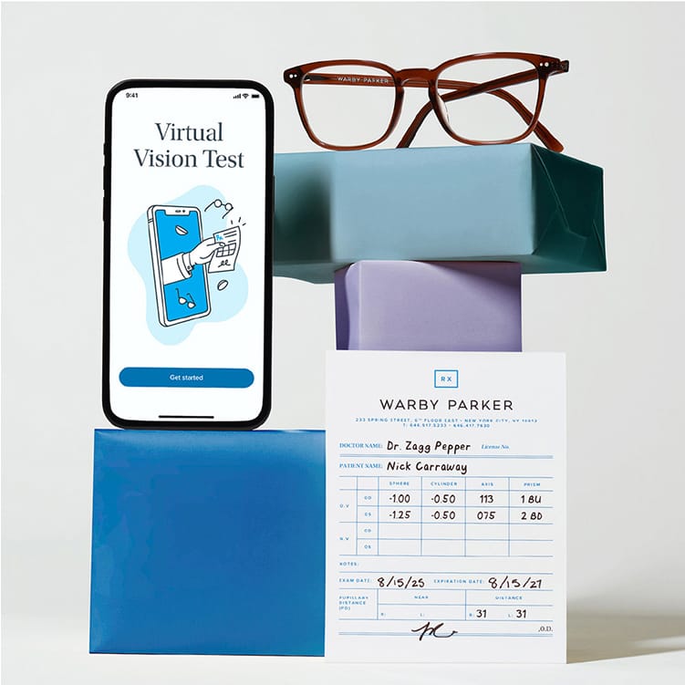 Smartphone with Virtual vision test, glasses and a RX Prescription.