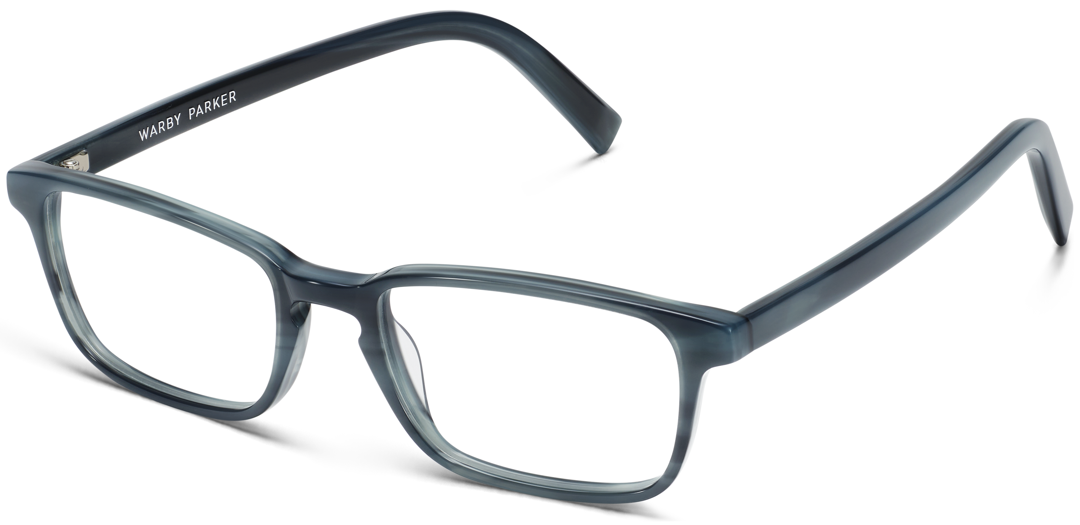 Blue rectangle eyeglasses with clear lenses on a white background.