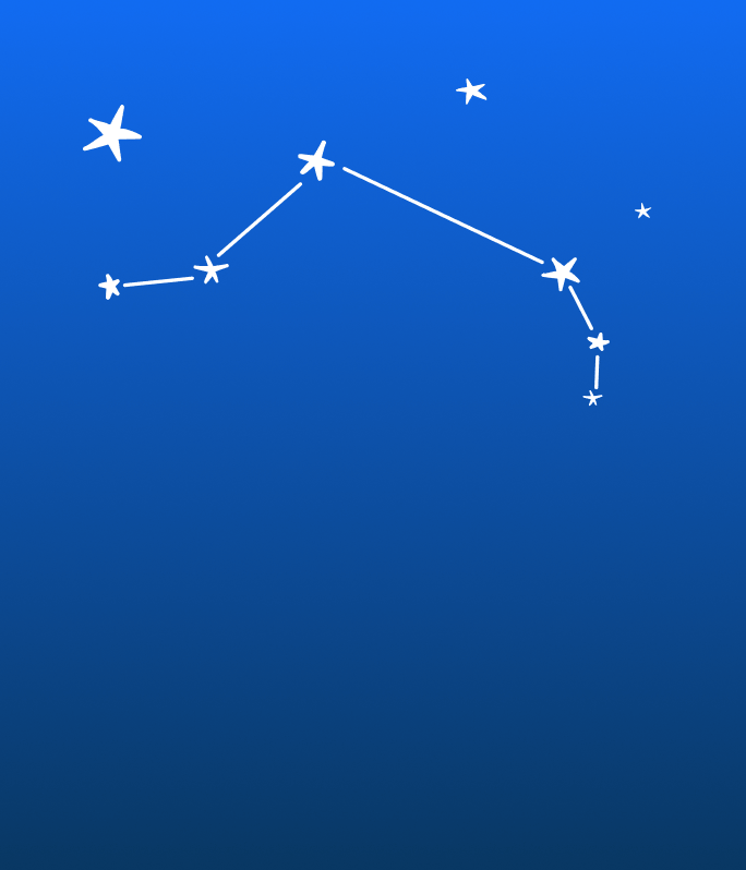 The image shows a stylized constellation with lines connecting star shapes on a blue background.