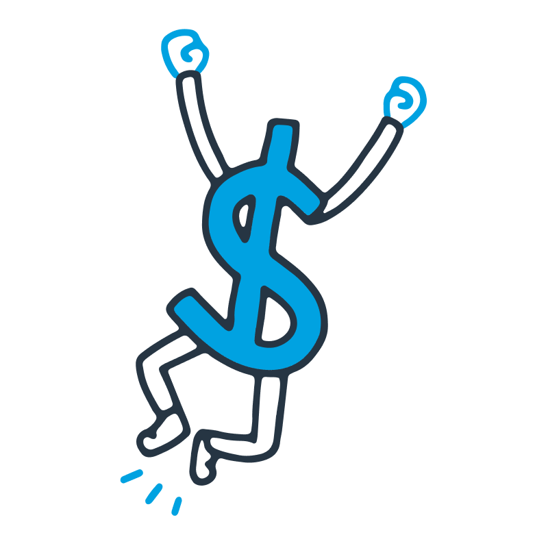 A blue dollar sign with arms and legs is jumping in the air with its arms raised.